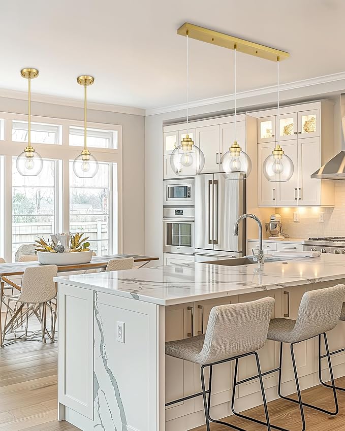 3-Light Gold Linear Chandelier, Globe Kitchen Island Lighting, Modern Pendant Light with Clear Glass for Dining Room Living Room Pool Table, ZCPL101BG-3S
