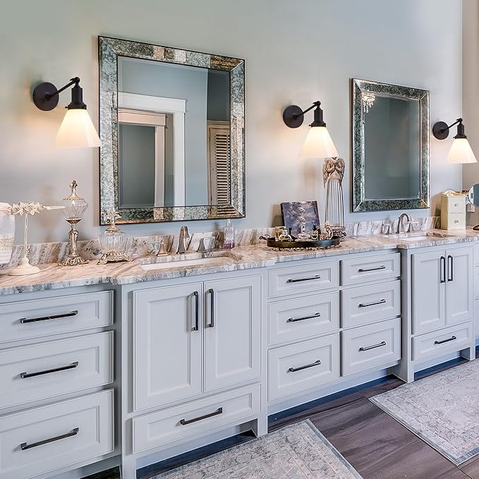 PERMO Industrial Vintage Slope Pole Wall Mount Single Sconce with Funnel Flared Milk White Glass Shade Wall Sconce Light Lamp Fixture Matte Black