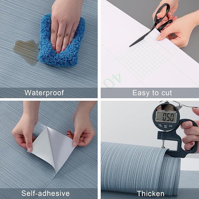 Blue Grey Faux Grasscloth Wallpaper Peel and Stick Linen Textured 24"x394" Upgraded Thick Self-Adhesive Waterproof Neutral Decorative Contact Paper Vinyl Film Roll for Wall Bedroom Kitchen