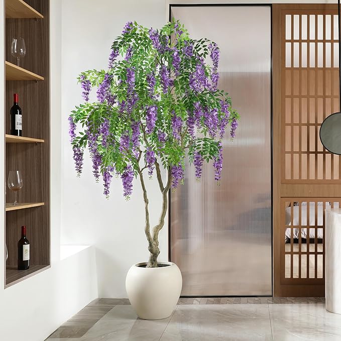Blooming Wisteria Tree, 8ft Artificial Violet Tree with Round Artisan Planter, Premium Handmade, Realistic Trunk & Lifelike Leaves, Perfect for Large Spaces & Elegant Home/Office Decor