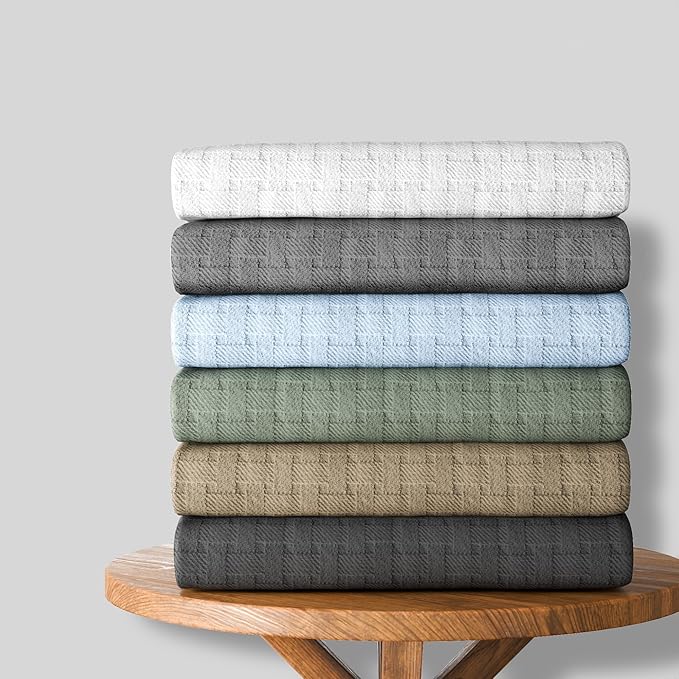 Full/Queen (90"x90") Sage 100% Cotton Blanket – Soft, Breathable, Anti-Odor, Warm & Cozy Bed Blanket for All Seasons, Basket Weave, Luxury Bedding