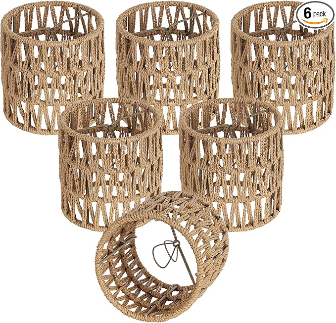 5.0 x 5.0in Chandelier Shades Set of 6, Small Rattan Lamp Shades Clip on Bulb, Boho Lamp Shades Replacement, Mini Cylinder Woven Lampshade, Clip on Lamp Shade for Floor Lamp Pendant Light Wall Sconces