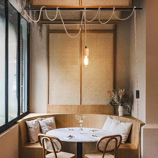 Arturesthome Wood Pendant Light Cord Kit with Switch,16.4FT Vintage Industrial Hanging Light Plug in Lamp Cord with Twisted Nylon Rope Pendant Lights Socket E26 E27 for Farmhouse Lamp Cable Retro DIY