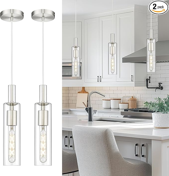 AUTELO 2 Pack Pendant Lights Kitchen Island, Brushed Nickel Hanging Lamp, Modern Cylinder Glass Pendant Lights, Hanging Light for Kitchen Island Dining Room Bathroom, H3875 ST-2PK