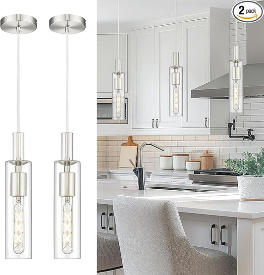 AUTELO 2 Pack Pendant Lights Kitchen Island, Brushed Nickel Hanging Lamp, Modern Cylinder Glass Pendant Lights, Hanging Light for Kitchen Island Dining Room Bathroom, H3875 ST-2PK