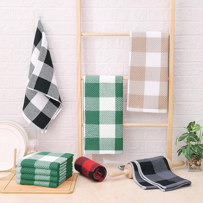 Homaxy 100% Cotton Waffle Weave Check Plaid Kitchen Towels, 13 x 28 Inches, Super Soft and Absorbent Dish Towels for Drying Dishes, 4-Pack, White & Dark Green