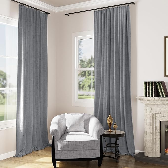 Guken Dark Grey Linen Curtains 108 Inches Long 2 Panel Set Rod Pocket Semi Sheer Dining Room Cozy Bedroom Decor Cotton Look Country Rustic Farmhouse Boho Curtains 52x108