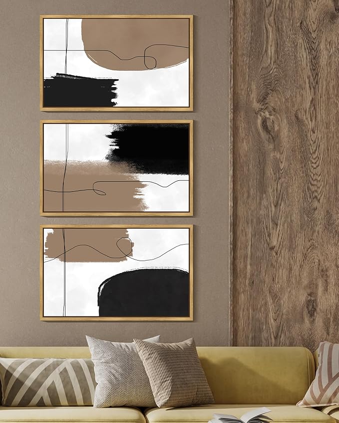 KUVIOKE Neutral Abstract Framed Wall Art Beige Mid Century Textured Wall Decor Minimalist Line Modern Illustrations Art Print Home Decor 16x24in (Natural Framed)