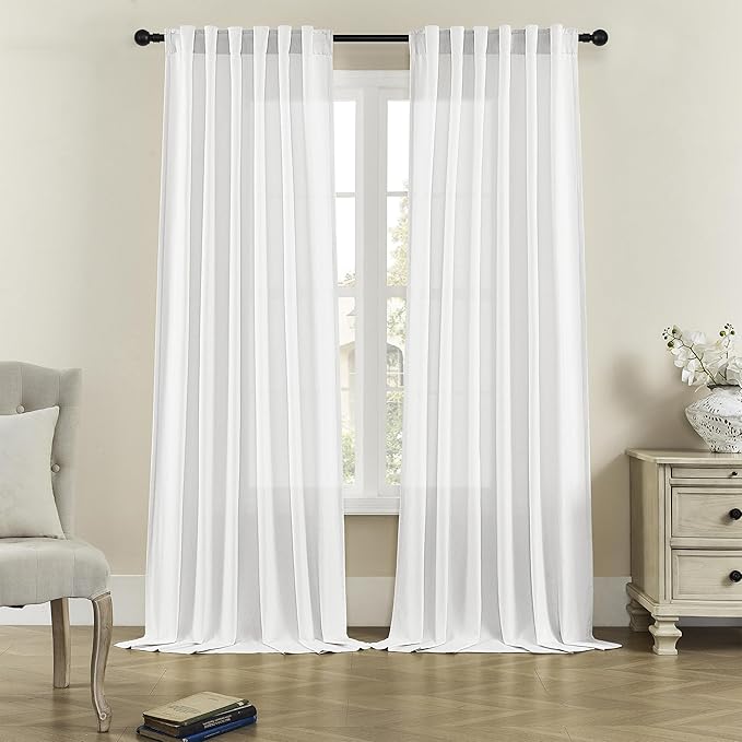 DONREN White Semi Sheer Curtains Linen Blend, Rod Pocket and Back Tab Linen Textured Semi Voile for Bedroom and Living Room, Light Filtering Privacy Window Treatments, W50 x L120, White, 2 Panels