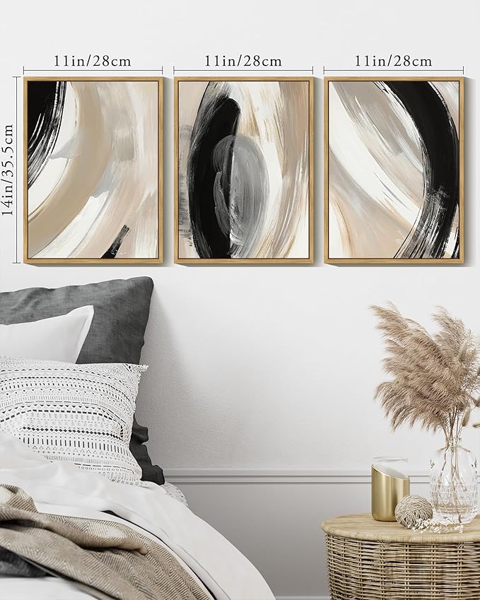 KUVIOKE Modern Abstract Framed Wall Art Black Neutral Minimalist Ink and Wash Graffiti Pastel Wall Decor for Bedroom Living Room 11x14in (Natural Framed)
