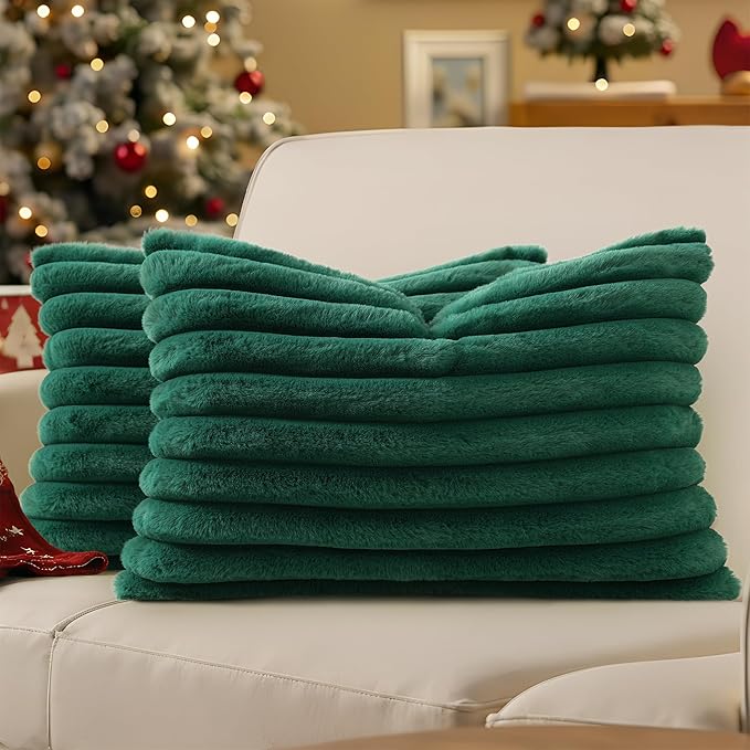 decorUhome Faux Fur Christmas Throw Pillow Covers 12x20 Set of 2, Decorative Soft Plush Striped Neutral Couch Euro Pillow Covers with Velvet Back for Sofa, Bed, Living Room Home Decor, Christmas Green