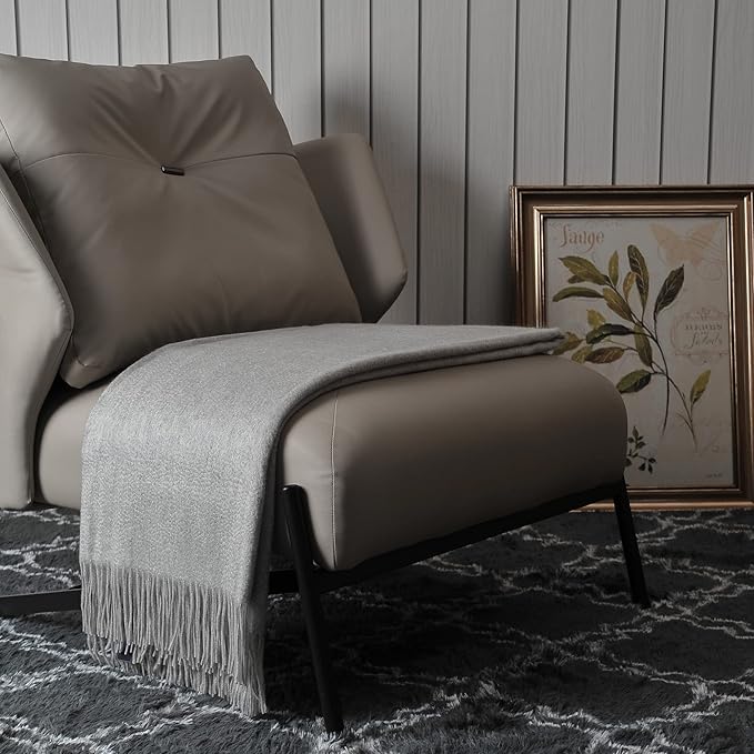 EP Mode 100% Pure Cashmere Throw Blanket for Sofa, Classic Design with Gift Box (Lt. Heather Grey)