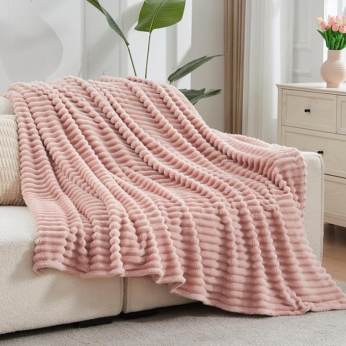 NEWCOSPLAY Super Soft Throw Blanket Pink Premium Silky Flannel Fleece 3D Ribbed Jacquard Lightweight Bed Blanket All Season Use (Pink Ribbed, Throw(50"x60"))