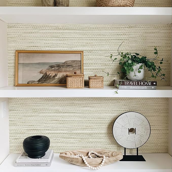 Simon&Siff Cream Textured Grasscloth Peel and Stick Wallpaper 17.7"x118" Neutral Faux Grassweave Waterproof Self Adhesive Removable Fabric Wallpaper Wall Mural for Bedroom Kitchen Cabinet