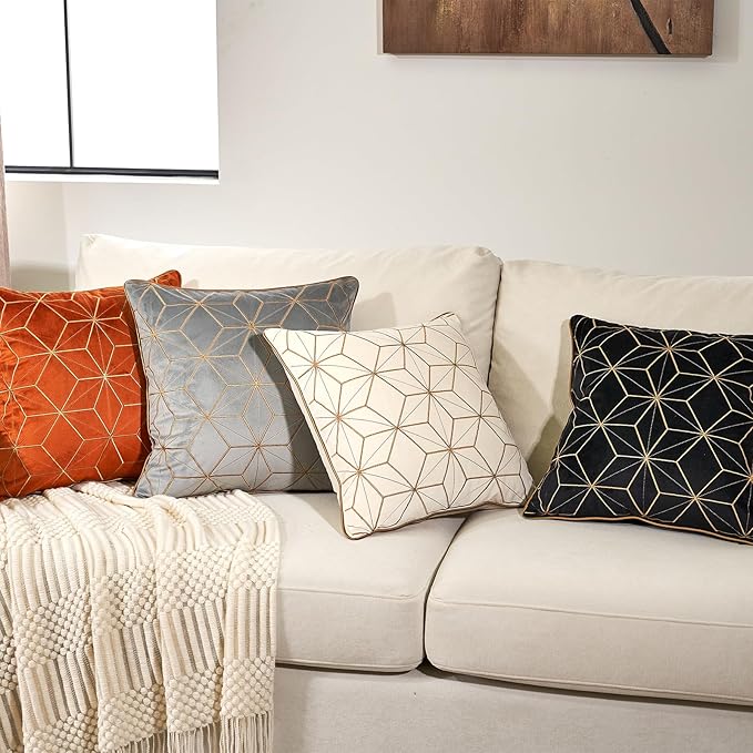 Aeckself Gray Velvet Pillow Cover 16 x 16 Inch, Luxury Modern Square Gold Plaid Geometric Embroidery Decorative Throw Pillow Cover for Couch Living Room Bedroom