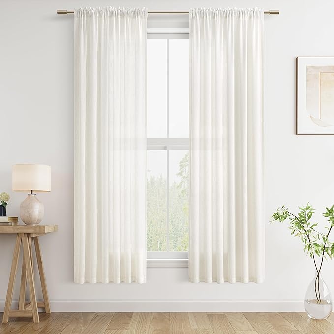 Guken Semi Sheer Linen Curtains 72 Inch Length for Living Room Rod Pocket Light Filtering Drapes Boho Farmhouse Rustic Style for Doorway Dining Room Office, 38" Wx72 L Natural 2 Panels