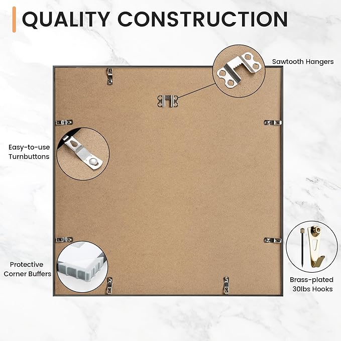 16x16 inch Metal Picture Frame - Thin Aluminum Square Photo Frames with 12x12 Removable Mat - High Definition Plexiglass - Vertical and Horizontal Display - Wall Hook Hanging Hardware Included - Black, Set of 1