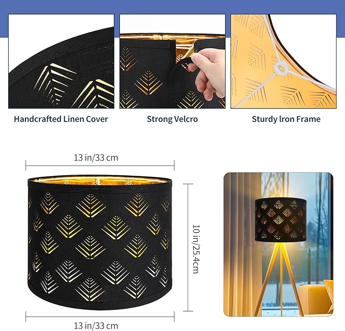 Lamp Shades Set of 2, Drum Lampshades with Leaf Design, 13" Top x 13" Bottom x 10" High (Spider) Modern Linen Lamp Shades for Table Lamp & Bedside Lamp, Assembly Required Black Lampshades Replacement