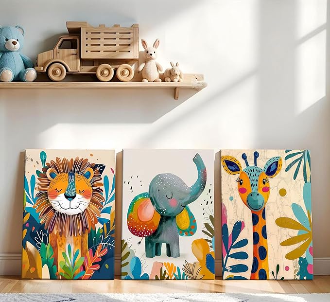 3Pcs Safari Animal Nursery Canvas Wall Art Cute Watercolor Elephant Giraffe Lion Pictures Wall Decor Colorful Jungle Animals Posters Painting Prints for Kids Room Baby Boys and Girls Room, Framed