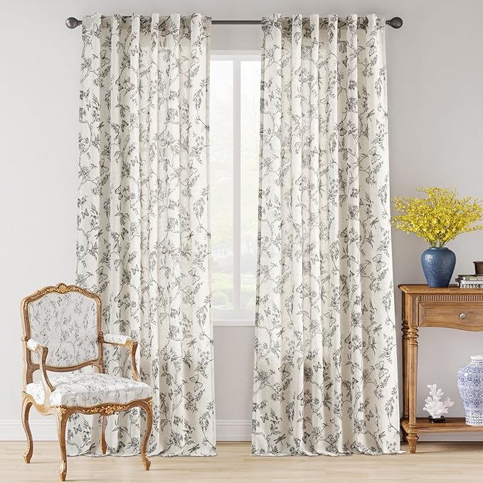 Lazzzy Farmhouse Linen Curtains Black Floral Curtains 108 Inch Length Back Tab Drapes for Living Room Bedroom Light Filtering Country Vintage Rod Pocket Curtain, 2 Panels, Black on Beige