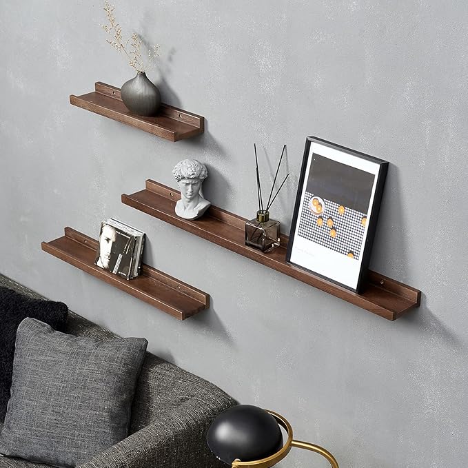 12 Inch Floating Shelves Wall Mounted, Rustic Wall Shelves for Decor and Storage, Solid Walnut Wood Shelf, Picture Ledge for Bedroom/Bathroom/Living Room/Kitchen, Walnut Color, 12*4*1.5 (1 Pack)