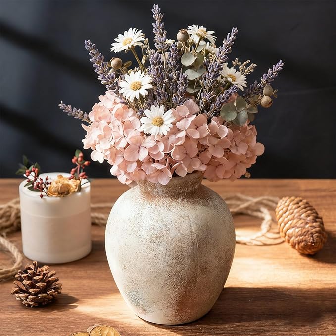 Ceramic Decorative Flower Vase | 6 Inch Pottery Rustic Farmhouse | Boho | Whitewashed Terracotta Vase for Home Decor, Table, Living Room, Bathroom, Shelf, Mantel Decoration, Terra