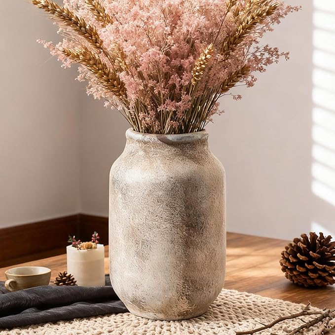 Rustic Ceramic Farmhouse Flower Large Vase, Whitewashed Terra Cotta Vase, Pottery Decorative Flower for Home Decor, Table, Living Room Decoration, Shelf Decor, Mantel, 9.5 Inch, Terra