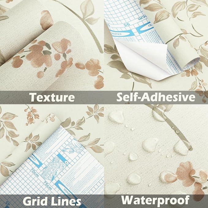 Vinjiasin Peel and Stick Wallpaper Beige Floral Contact Paper Vintage Flower Leaf Self Adhesive Removable Wall Paper for Bathroom Bedroom Livingroom 16.1"x 118"