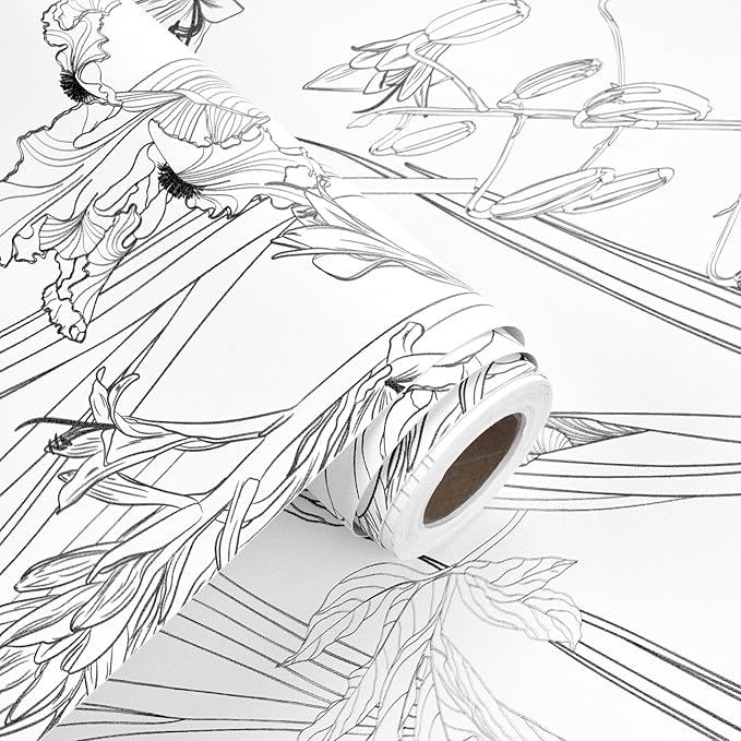 WESTICK Black White Floral Wallpaper Chinoiserie Sketch Floral Contact Paper Modern Iris Flower Peel and Stick Wallpaper for Bedroom Accent Walls Living Room Bathroom Laundry Room Cabinets 17.5"x100"