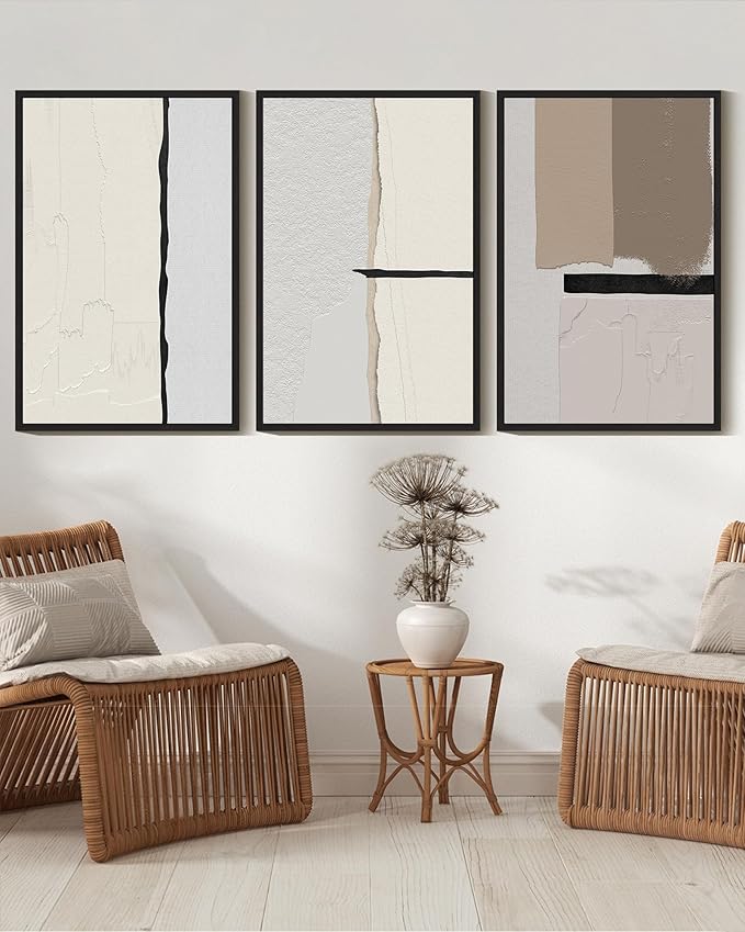 KUVIOKE Neutral Abstract Framed Wall Art Beige Mid Century Textured Wall Decor Minimalist Modern Illustrations Art Print Home Decor 16x24in (Black Framed)