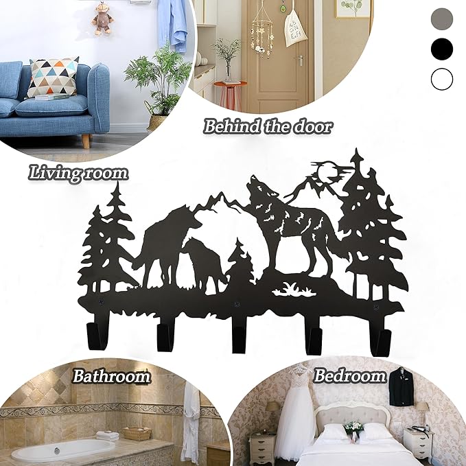 Metal Wolf Coat Hooks Wall Art Decor-Wolf Hangers and Key Holder-Clothes Rack and Backpack Hanger-Animal Theme Hooks Sweet Home Decor for Storage, Living Room, Hallway, Office (Black)