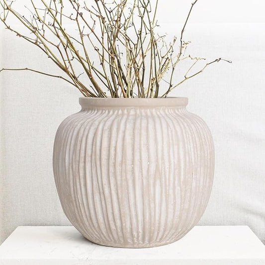 Oakrain Large Rustic Minimalist Vase, 9" Distressed Round Floor Vase for Home Decor, Farmhouse Centerpieces Planters for Living Room Indoor Outdoor Use, Vintage White