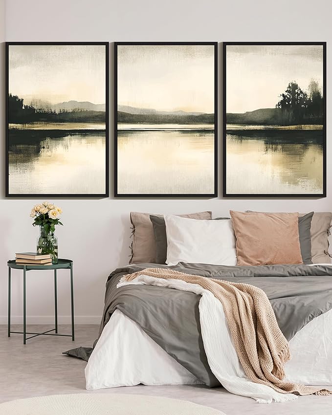 KUVIOKE Watercolor Abstract Mountain Lake Framed Wall Art Brown Landscape Nature Wilderness Painting Nordic Neutral Tan Illustration Decorative Home Decor 24x36in (Black Framed)