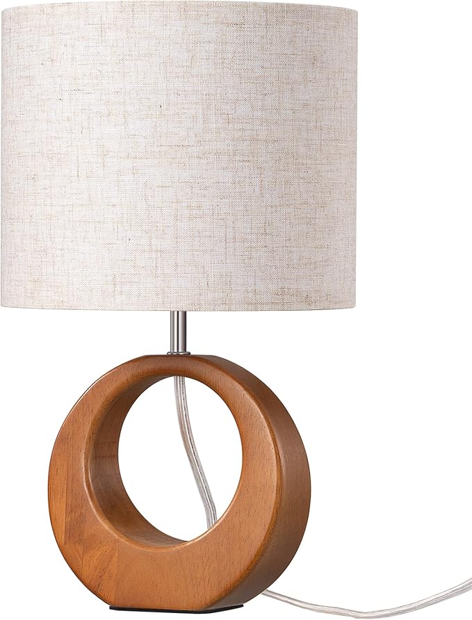 EDISHINE 13.4" Small Table Lamp, Wood Nightstand Lamp with Beige Linen Lampshade & ON-Off Switch, E26 Base, Boho Bedside Lamp for Living Room, Bedroom, Dark Pearwood