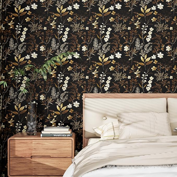 Vintage Wallpaper Peel and Stick Black Floral Wall Paper 17.4" x 118" Black Gold Contact Paper Self-Adhesive Wall Covering for Bedroom Desk Cabinet Decor