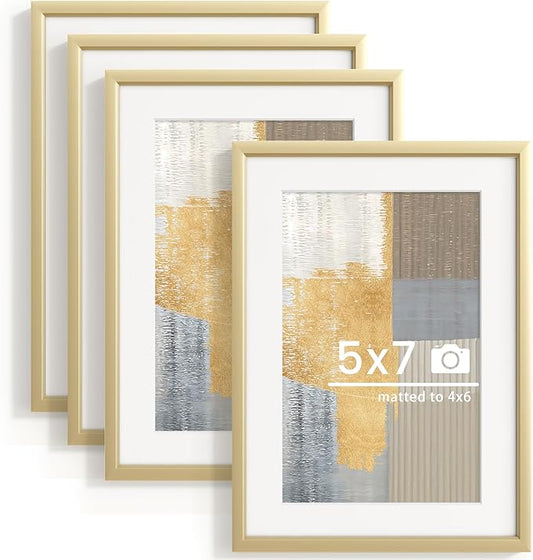 5x7 inch Metal Picture Frame - 5 x 7 Thin Aluminum Photo Frames with 4x6 Removable Mat - High Definition Plexiglass - Ideal for Wall or Tabletop Display - Gold, Set of 4