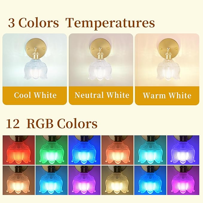 Vintage Battery Operated Wall Sconce with Flower lampshade,Rechargeable Battery Powered Wall Lights,Wall lamp With 15 Colors for Bedroom Living Room Home Decor (Flower White, 1 Light Battery Operated)