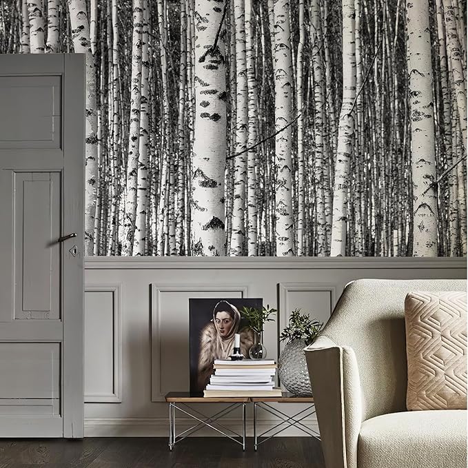 Large Black White Forest Murals 3D Peel and Stick Wallpaper Mural 148" Wx 98" H Nature Birch Trees Woodland Wall Mural Home Decor for Bedroom Livingroom Backdrop Wall Covering Poste