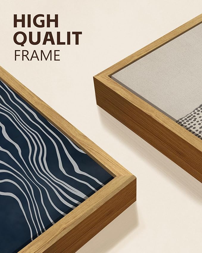 KUVIOKE Navy Blue Abstract Framed Wall Art Modern Neutral Minimalist Wooden Pastel Boho Wall Decor Farmhouse Rustic Art Painting Home Decor 11x14in (Natural Framed)