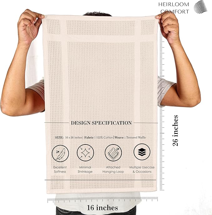 5 Pack Ivory Waffle Weave Kitchen Towels, 16"x26", 100% Cotton, Super Absorbent, Fast Dry, Durable Dishcloth Set for Cleaning, Drying Dishes, Hand Towels, Machine Washable, Cream