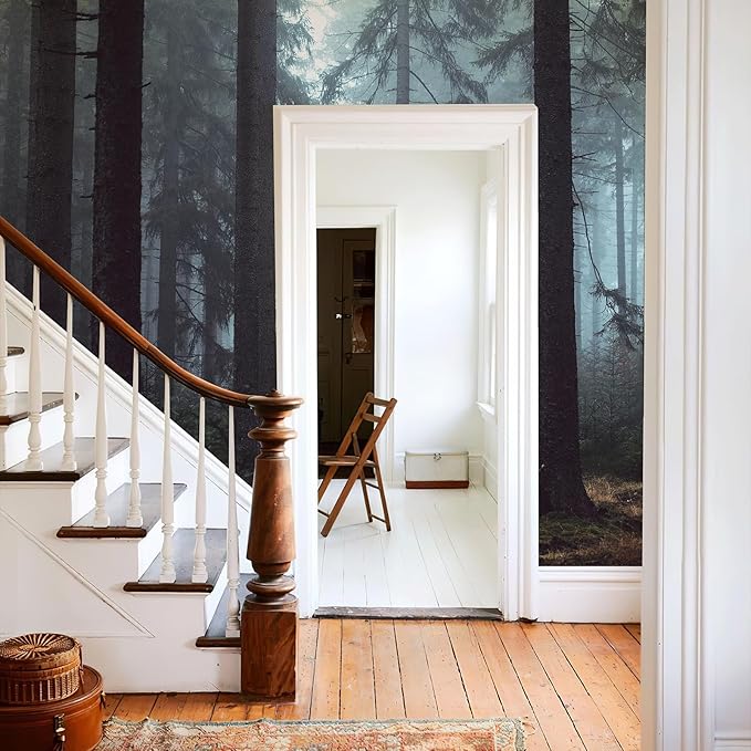 Zeeko Forest Wall Mural Woodland Wallpaper Mural 148" Wx 98" H Foggy Large Peel and Stick Mural Paint Canvas Removable Art Murals for TV Background Bedroom Office, Dark Blue