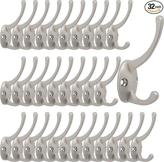 IBosins 32 Pack Silver Coat Hooks Wall Mounted with 64 Screws Retro Double Hooks Utility Silver Hooks for Coat, Scarf, Bag, Towel, Key, Cap, Cup, Hat
