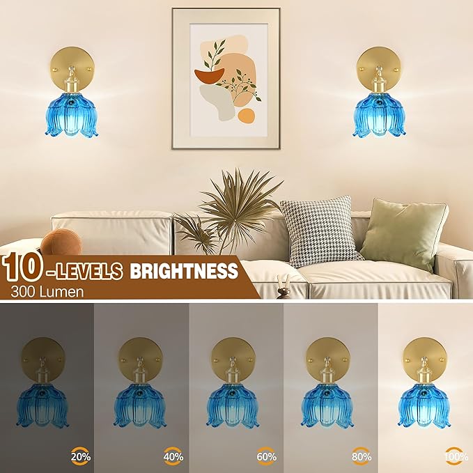 Vintage Battery Operated Wall Sconce with Flower lampshade,Rechargeable Battery Powered Wall Lights,Wall lamp with 15 Colors for Bedroom Living Room Home Decor (Flower Blue, 2 Light Battery Operated)