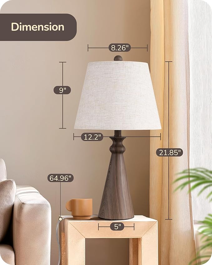 EDISHINE 21.85" Farmhouse Table Lamp, Rustic Bedside Lamp, Water Transfer Walnut Wood Grain Metal Base, Beige Linen Shade, Minimalist Nightstand Lamp for Living Room, Bedroom, Office, E26 Base