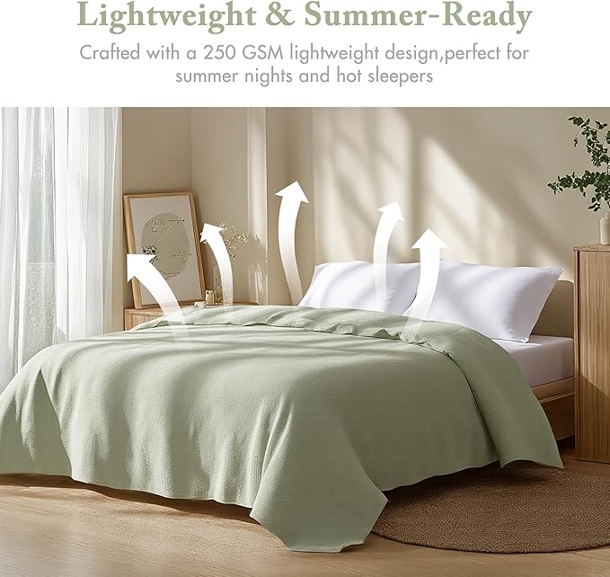 Madison Park Farmhouse Blanket,100% Cotton Luxuriously Soft Fresh Spun Farmhouse Basketweave Blanket Breathable All Seasons Lightweight Blanket for Bed, Couch and Office, King, Green