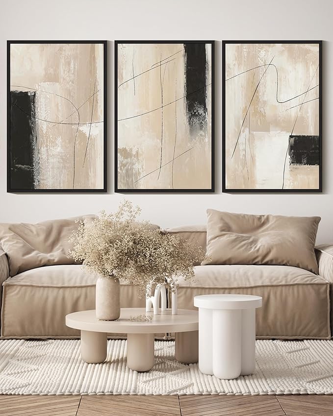 KUVIOKE Abstract Framed Wall Art Minimalist Beige Pastel Watercolor Neutral Wall Decor Modern Black Line Art Painting Home Decor 16x24in (Black Framed)