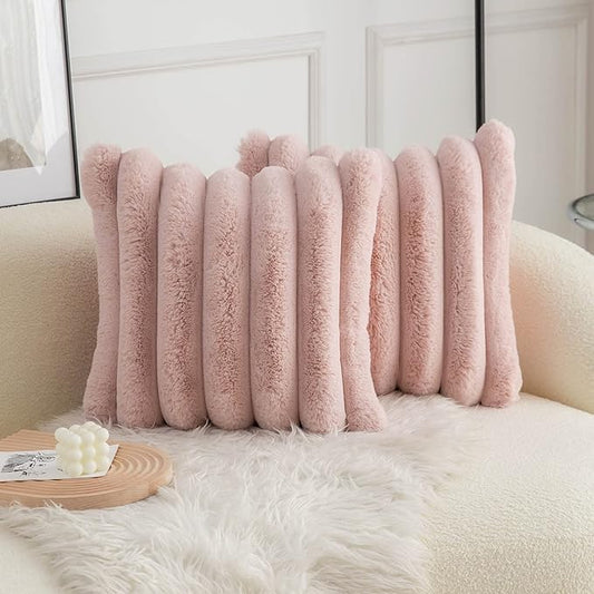 Neelvin Pink Faux Fur Cozy Soft Striped Decorative Throw Pillow Covers 26x26 inch Set of 2,Velvet Pillowcase Cushion Case for Sofa Couch