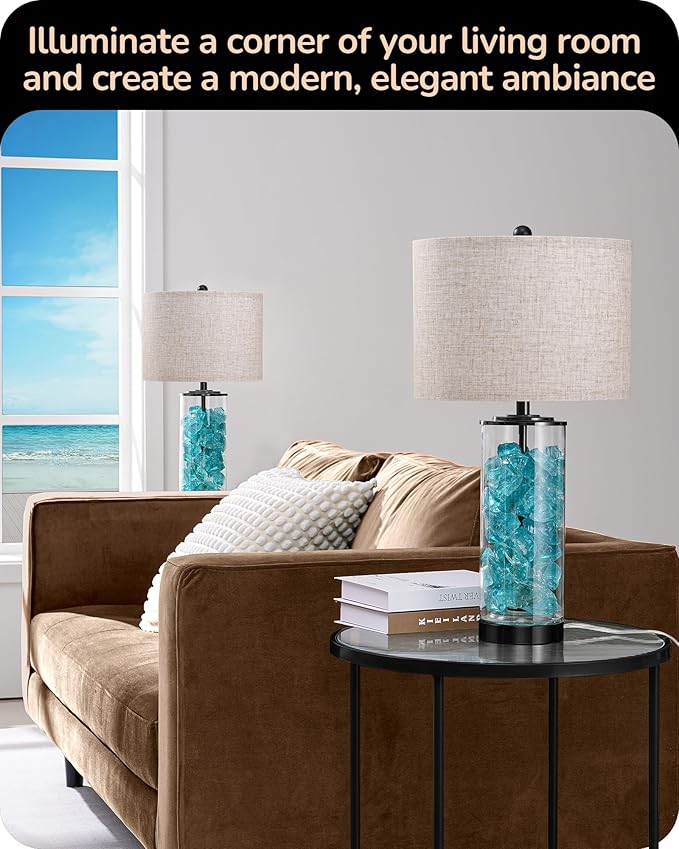 EDISHINE 23.6" Glass Table Lamp Set of 2, DIY Refillable Bedside Lamp with Linen Lampshade & Rotary Switch, E26 Base, Nightstand Light for Living Room, Bedroom, Office