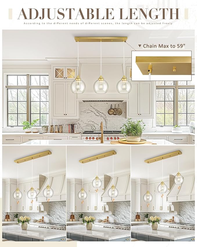 3-Light Gold Linear Chandelier, Globe Kitchen Island Lighting, Modern Pendant Light with Clear Glass for Dining Room Living Room Pool Table, ZCPL101BG-3S