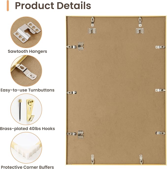 20x30 Aluminum Picture Frame, 20x30 Golden Metal Frame with Mat for 16x24 Photo, Wall Mounting or Tabletop Display, Poster Frame Sawtooth Picture Hangers Included for Home Wall Decor, Set of 1